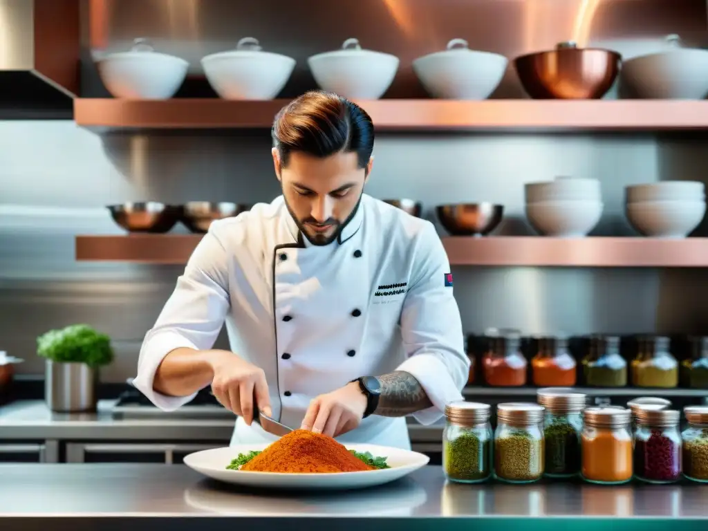 Un joven chef italiano experto preparando un plato innovador en una cocina contemporánea