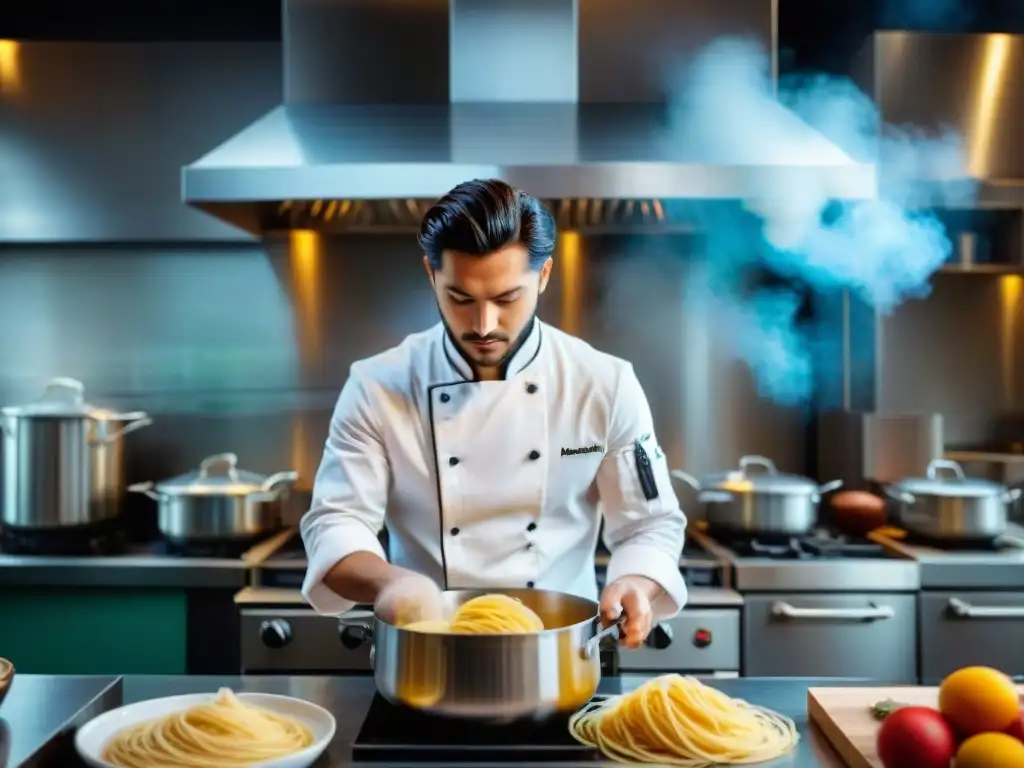 Un joven chef italiano experto en pasta fresca, creando platos con energía y arte en una cocina animada y colorida