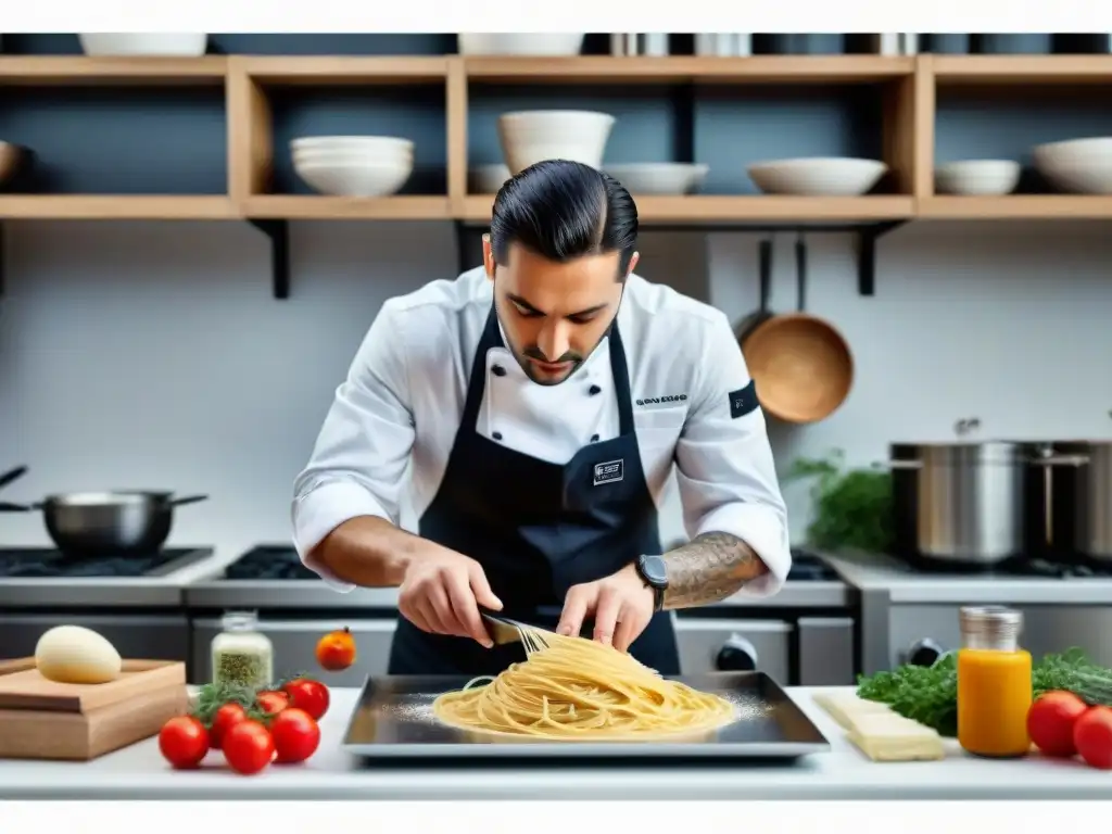 Un joven chef italiano experto en redes sociales crea una deliciosa receta tradicional en una cocina moderna y animada