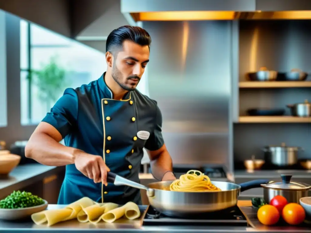 Joven chef italiano experto en tendencias cocina italiana, preparando pasta fresca en una animada cocina moderna