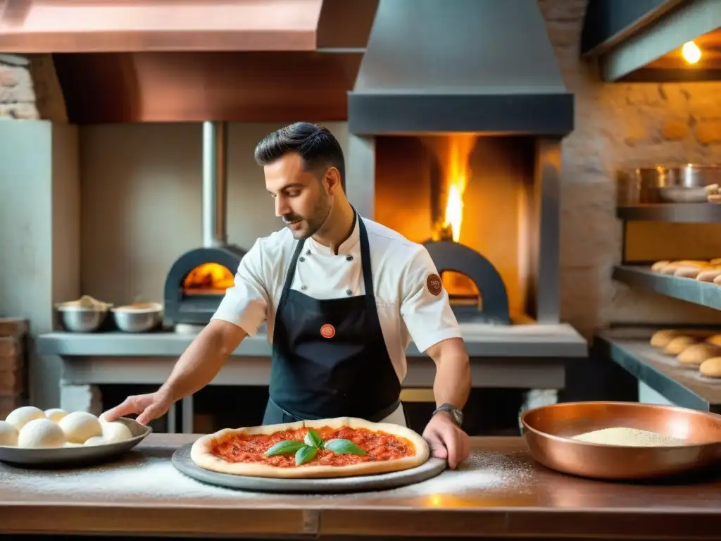 Joven chef italiano lanzando masa de pizza en tradicional pizzería de Nápoles