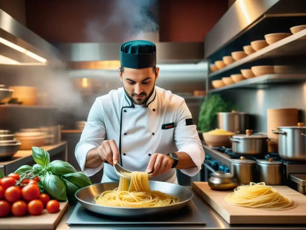 Joven chef italiano preparando pasta fresca en una bulliciosa cocina llena de ingredientes tradicionales