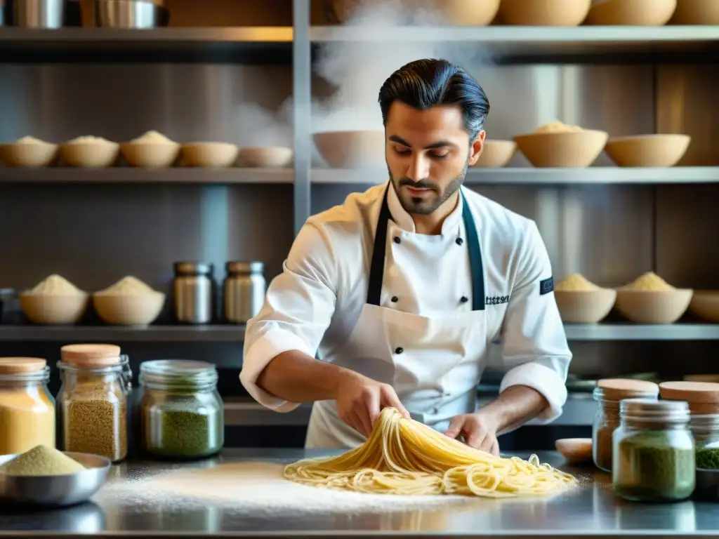 Joven chef italiano creando pasta a mano con precisión en una cocina bulliciosa, rodeado de detalles auténticos y especias vibrantes