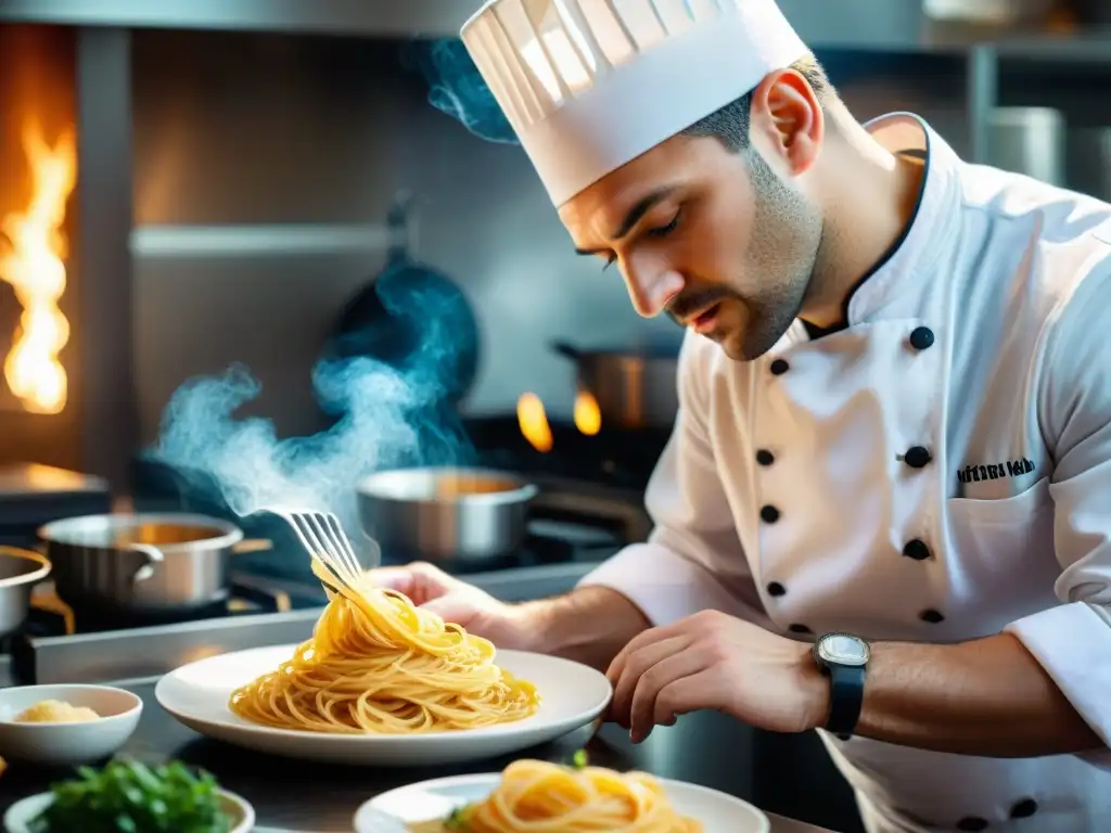 Un joven chef italiano con pasión y concentración, plato de pasta vibrante