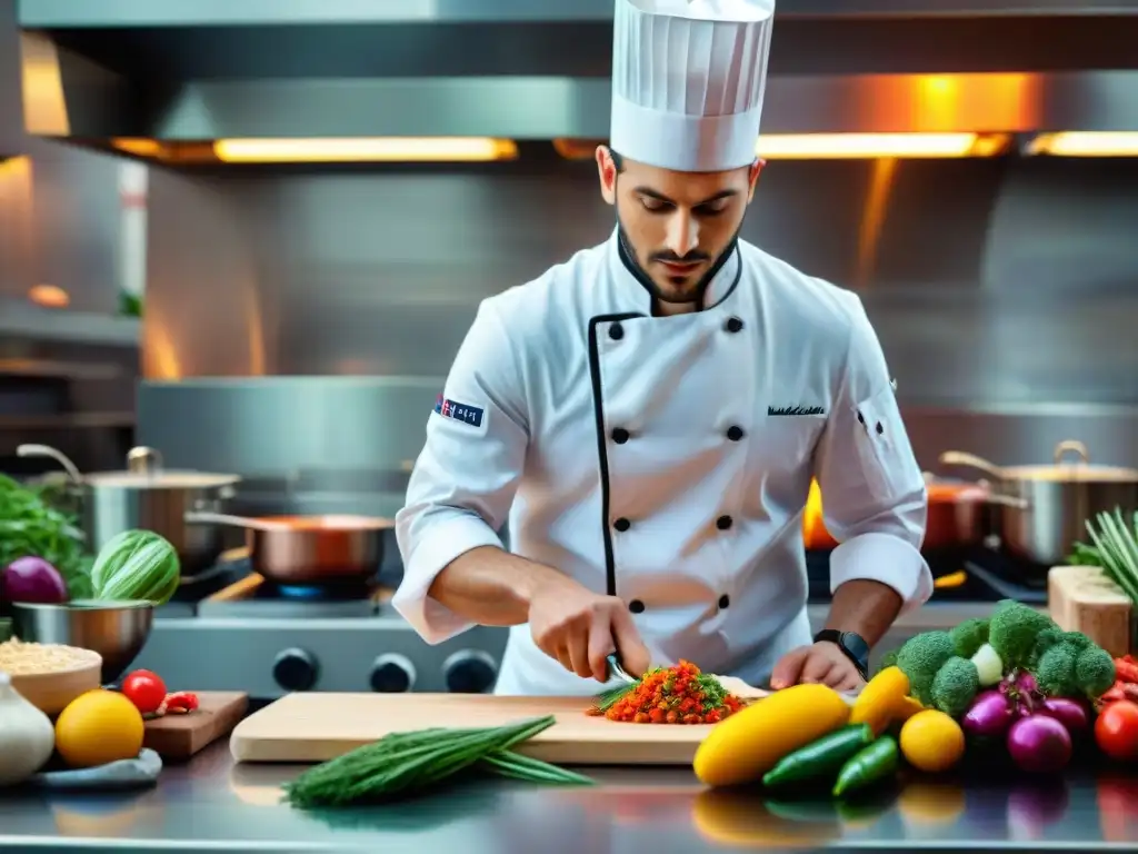 Un joven chef italiano preparando un plato tradicional con un toque moderno en una cocina bulliciosa llena de ingredientes frescos y coloridos