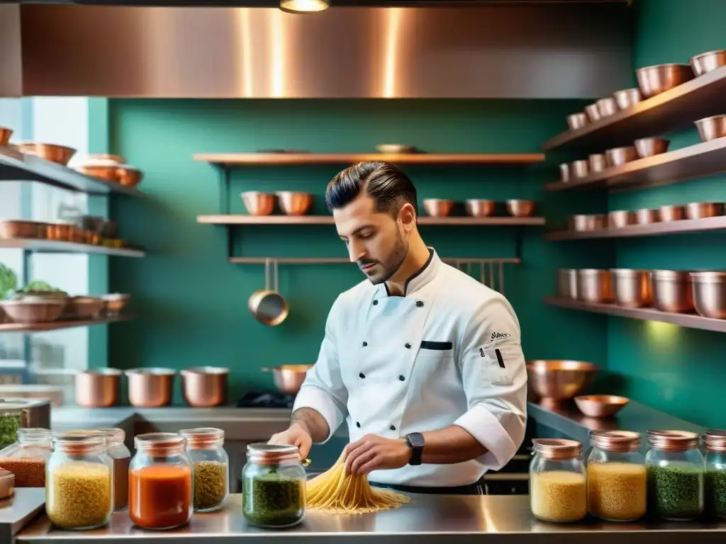 Un joven chef italiano elaborando un plato de pasta tradicional en una bulliciosa cocina italiana