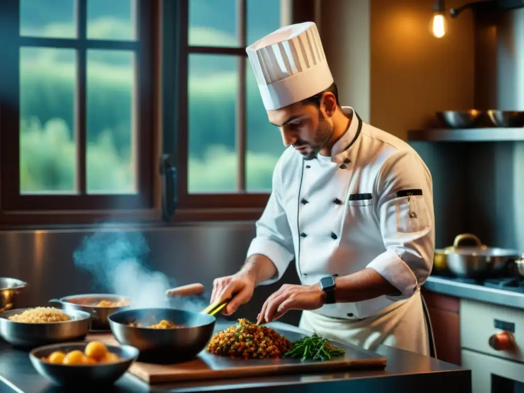 Un joven chef italiano prepara apasionadamente platos tradicionales en una cocina moderna, rodeado de utensilios antiguos y de última generación