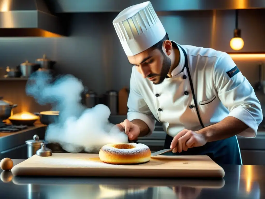 Un joven chef italiano crea un postre innovador con pasión en una cocina llena de herramientas tradicionales