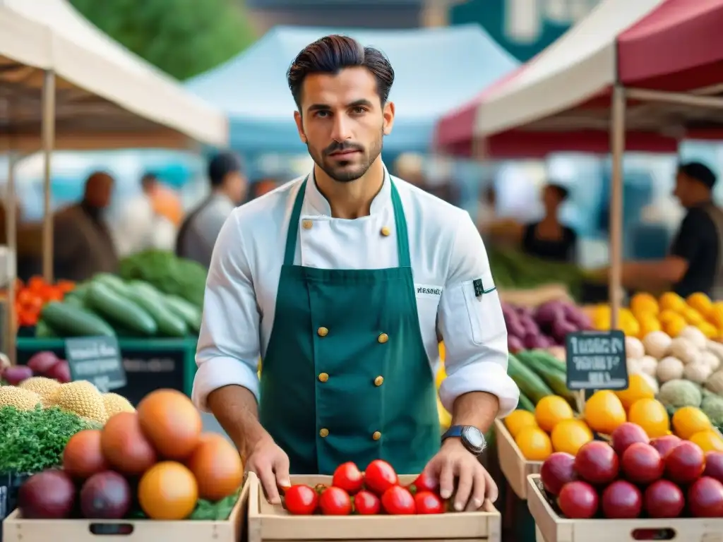 Un joven chef italiano sostenible seleccionando productos orgánicos en un animado mercado agrícola