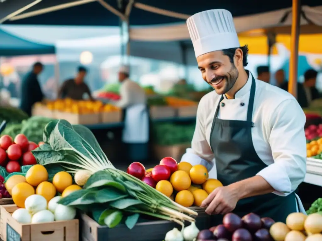 Un joven chef italiano sostenible selecciona productos frescos en el bullicioso mercado de agricultores