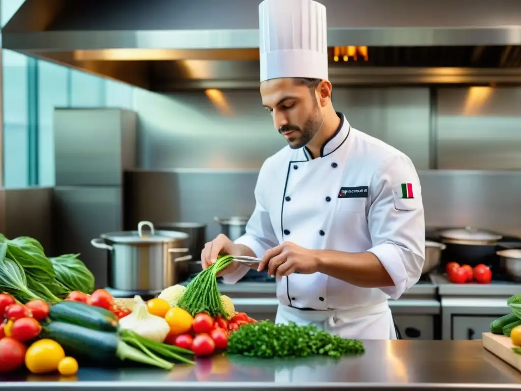 Un joven chef italiano sostenible preparando platos modernos en una cocina bulliciosa con ingredientes locales frescos