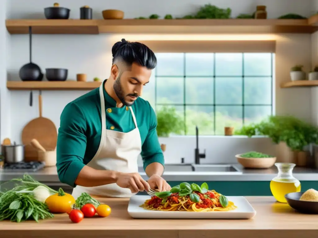 Un joven chef italiano vegano crea una colorida lasaña vegetal en una cocina moderna y soleada