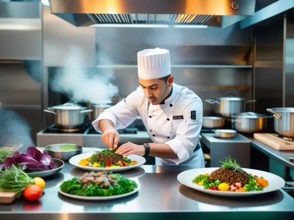 Un joven chef prepara con precisión y dedicación un plato colorido en una cocina sostenible