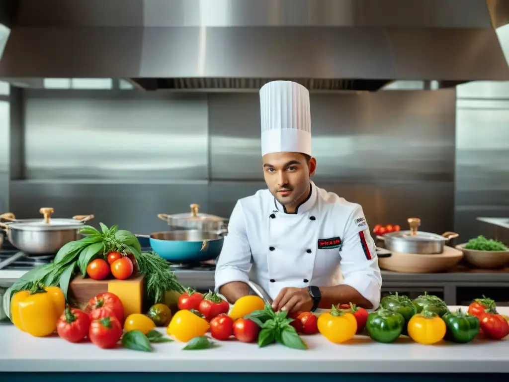 Un joven chef reinventa platos italianos con creatividad en una cocina moderna, rodeado de vibrantes ingredientes