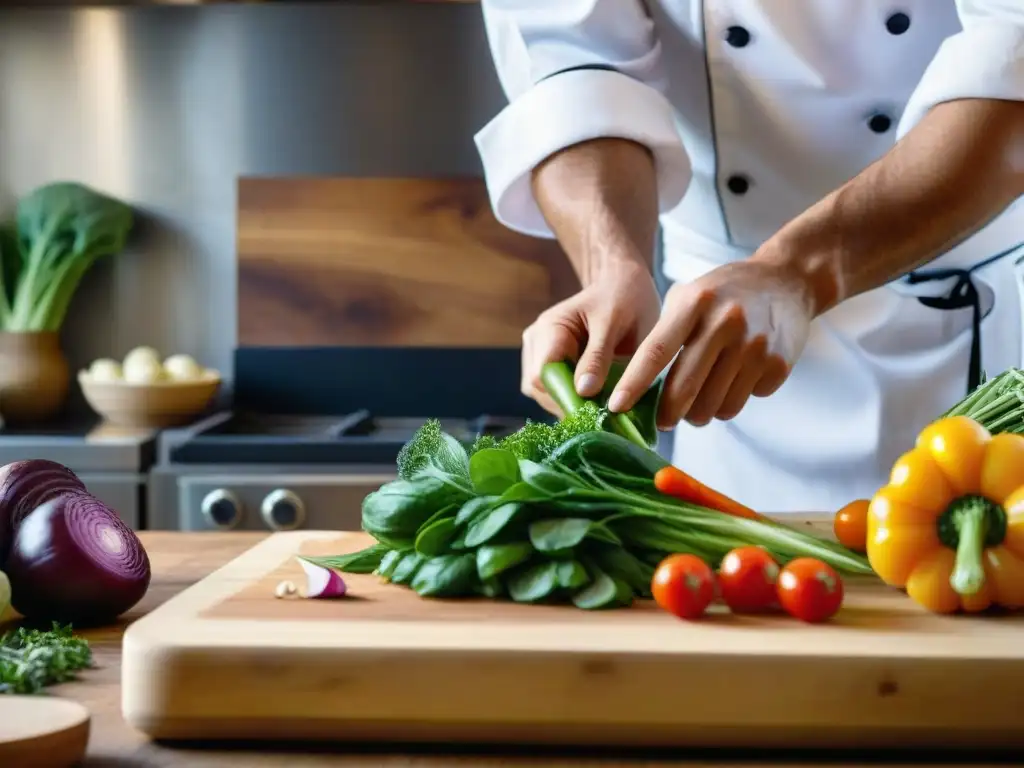 Joven chef corta con destreza vegetales vibrantes en cocina italiana soleada