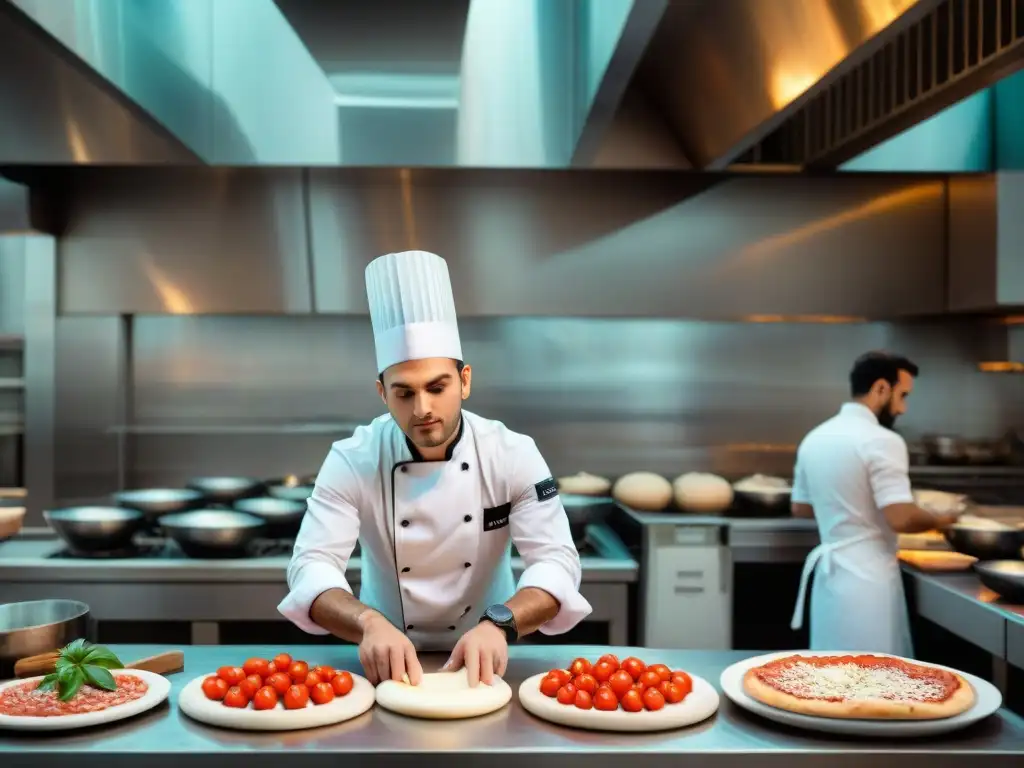 Pizzaiolo apasionado en cocina internacional Jóvenes chefs exportando cocina italiana: Un cocinero italiano lanzando masa de pizza con pasión en una bulliciosa cocina