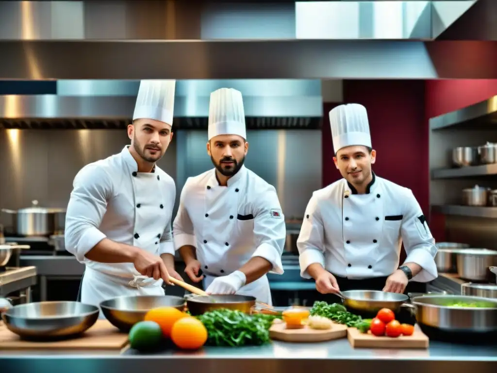 Jóvenes chefs innovando en cocina italiana con ingredientes coloridos y vibrante ambiente de cocina