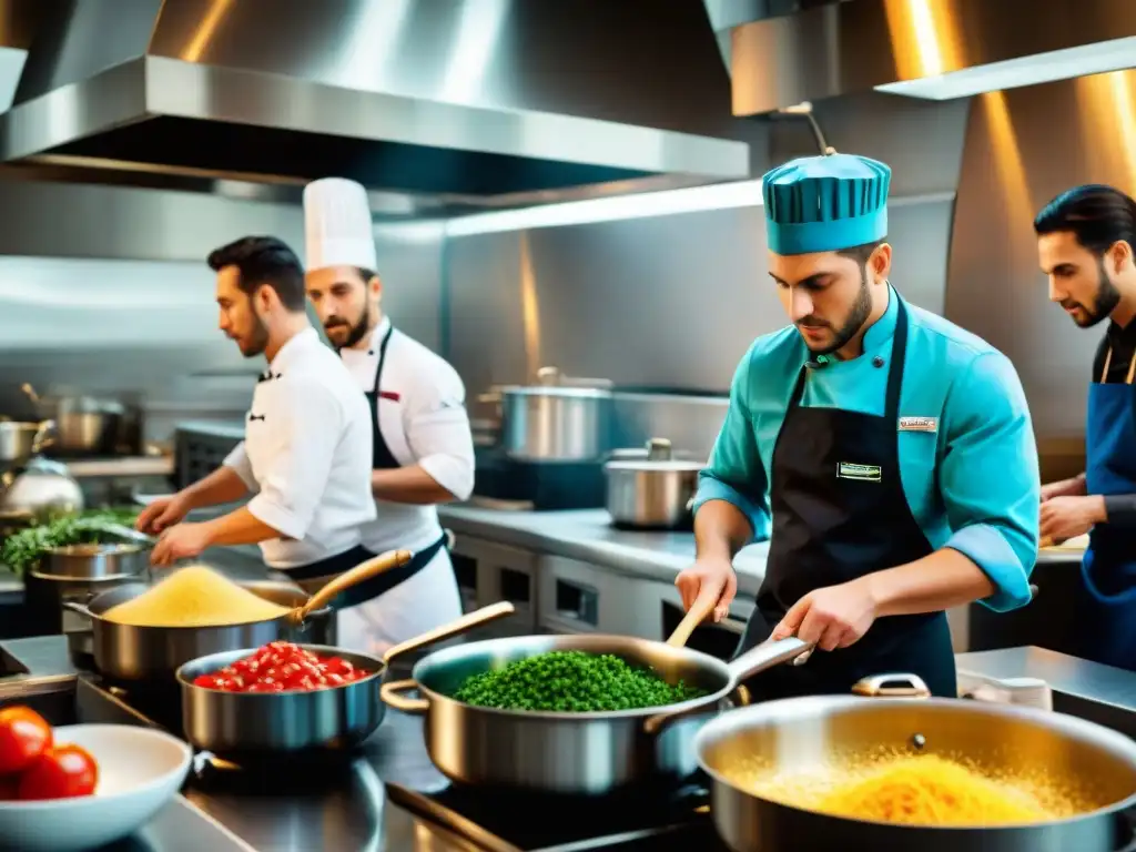 Jóvenes chefs en una cocina italiana bulliciosa, concentrados y apasionados en sus tareas culinarias