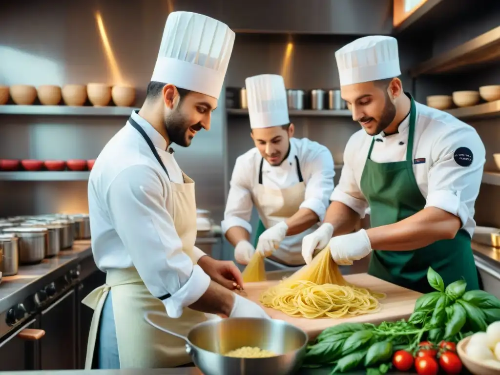 Jóvenes chefs crean delicias italianas en una cocina bulliciosa, con ingredientes coloridos y pots humeantes