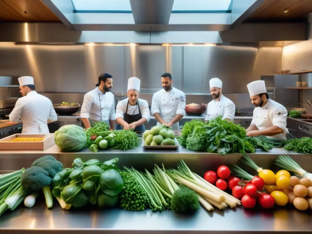 Jóvenes chefs abordan desperdicio alimentos en bulliciosa cocina italiana, creando platos vibrantes con ingredientes orgánicos