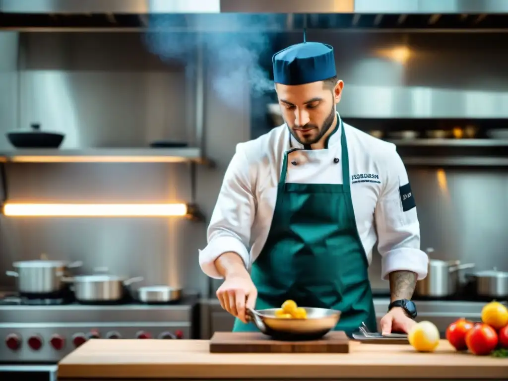 Jóvenes chefs italianos en cocina bulliciosa, fusionando técnicas culinarias antiguas con conectividad digital en redes sociales