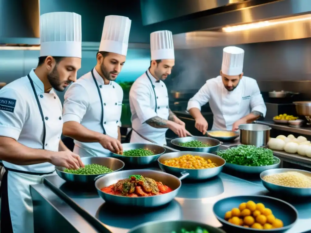 Jóvenes chefs italianos estrella Michelin plasmando con pasión y precisión su arte culinario en una cocina vibrante y dinámica