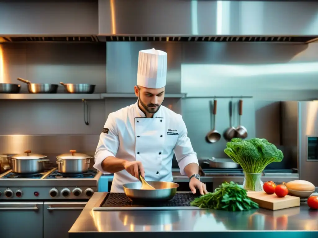 Jóvenes chefs italianos estrella Michelin preparando platos en una cocina de alta gama, entre tradición e innovación culinaria