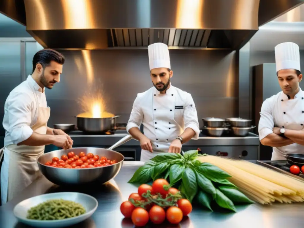 Jóvenes chefs italianos preparando platos tradicionales en cocina vibrante