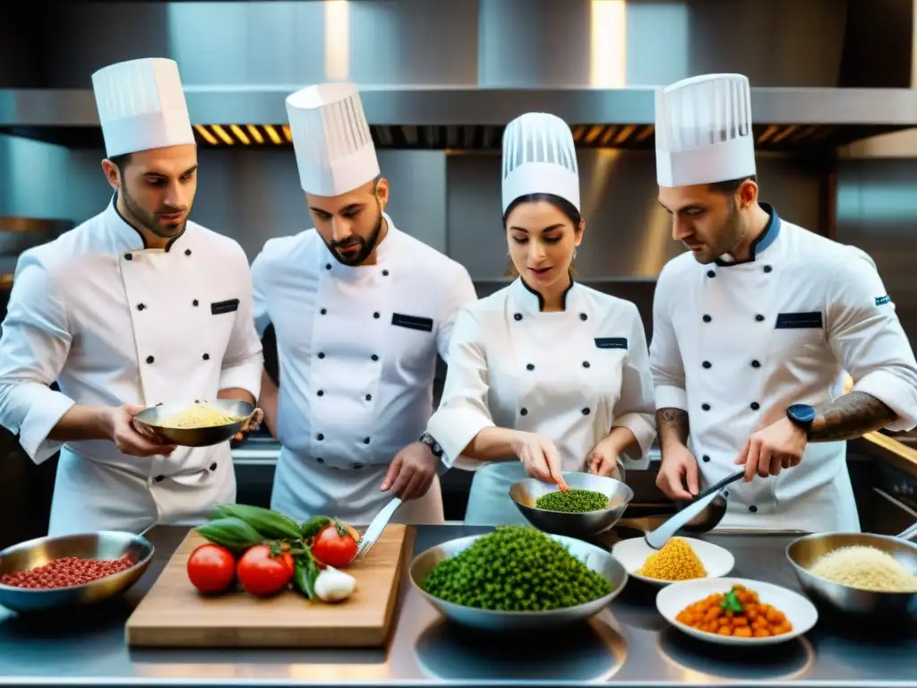 Jóvenes chefs italianos compartiendo en redes sociales en una cocina moderna