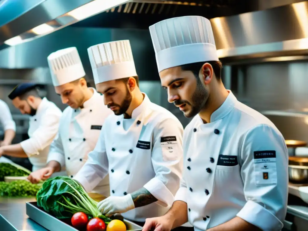 Jóvenes chefs italianos sostenibles preparando platos innovadores con ingredientes frescos en una cocina moderna y colorida