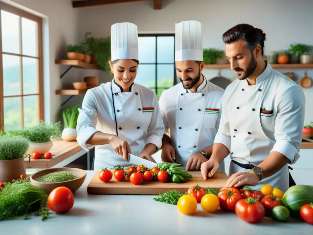 Jóvenes chefs italianos sostenibles crean platos coloridos con ingredientes locales en cocina rústica