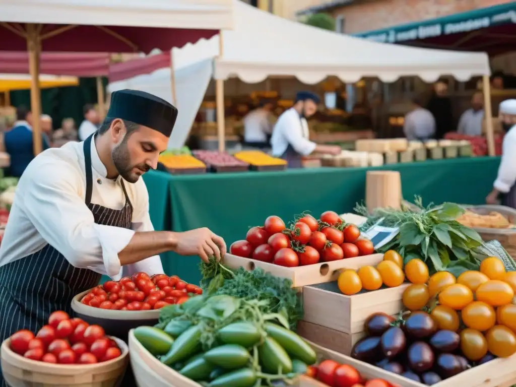 Jóvenes chefs italianos seleccionando vinos locales en un bullicioso mercado al aire libre al atardecer