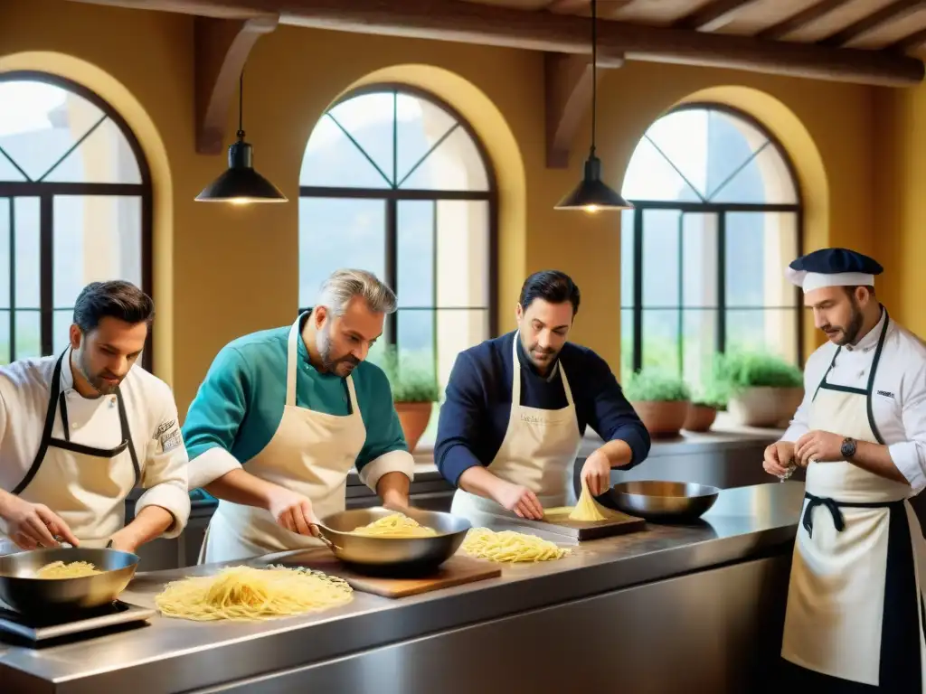 Jóvenes chefs en formación aprenden a hacer pasta fresca en una cocina italiana, con ingredientes locales