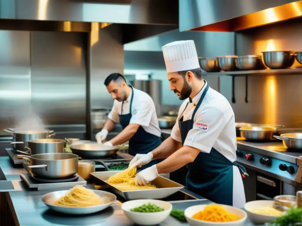 Jóvenes talentos en cocina italiana preparando pasta casera en bulliciosa cocina durante almuerzo dominical