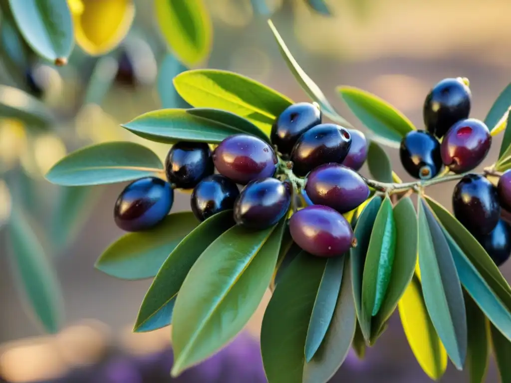 Jugosas aceitunas bajo el sol mediterráneo en un olivar, transmitiendo la esencia de la producción de aceite de oliva premium