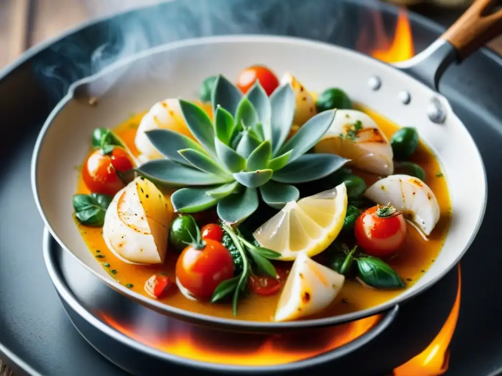 Langostinos sizzling en sartén con ajo, tomates cherry, vino blanco y hierbas frescas, evocando la esencia de la Receta langostinos estilo italiano