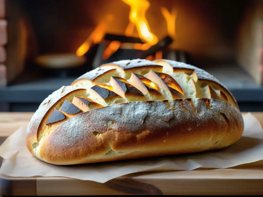 Pane di Lariano con carbón recién horneado, su corteza oscura contrasta con el esponjoso interior dorado, iluminado por las llamas