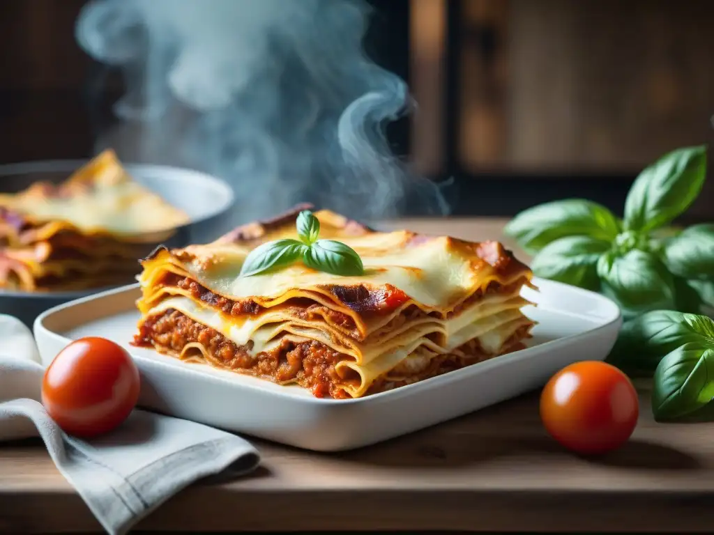 Una lasaña italiana auténtica y recién horneada en horno de leña, con capas de salsa de tomate, bechamel, pasta tierna y queso derretido