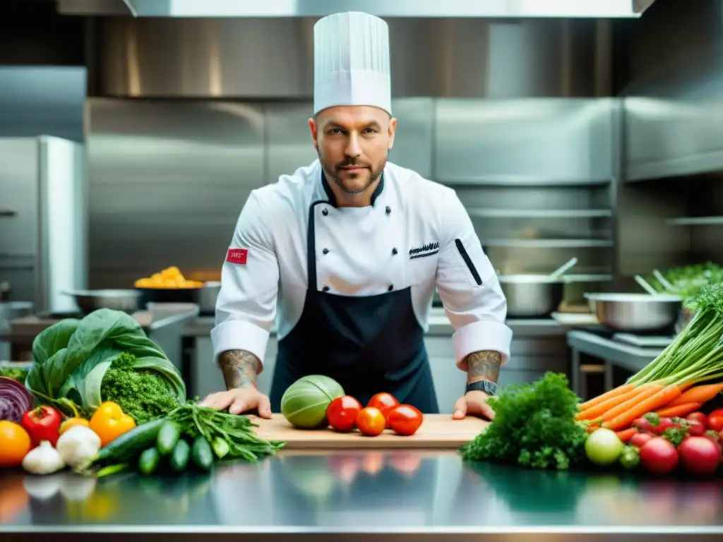 Chef Pietro Leemann en su cocina bulliciosa preparando un plato vegano, rodeado de vegetales frescos y su equipo