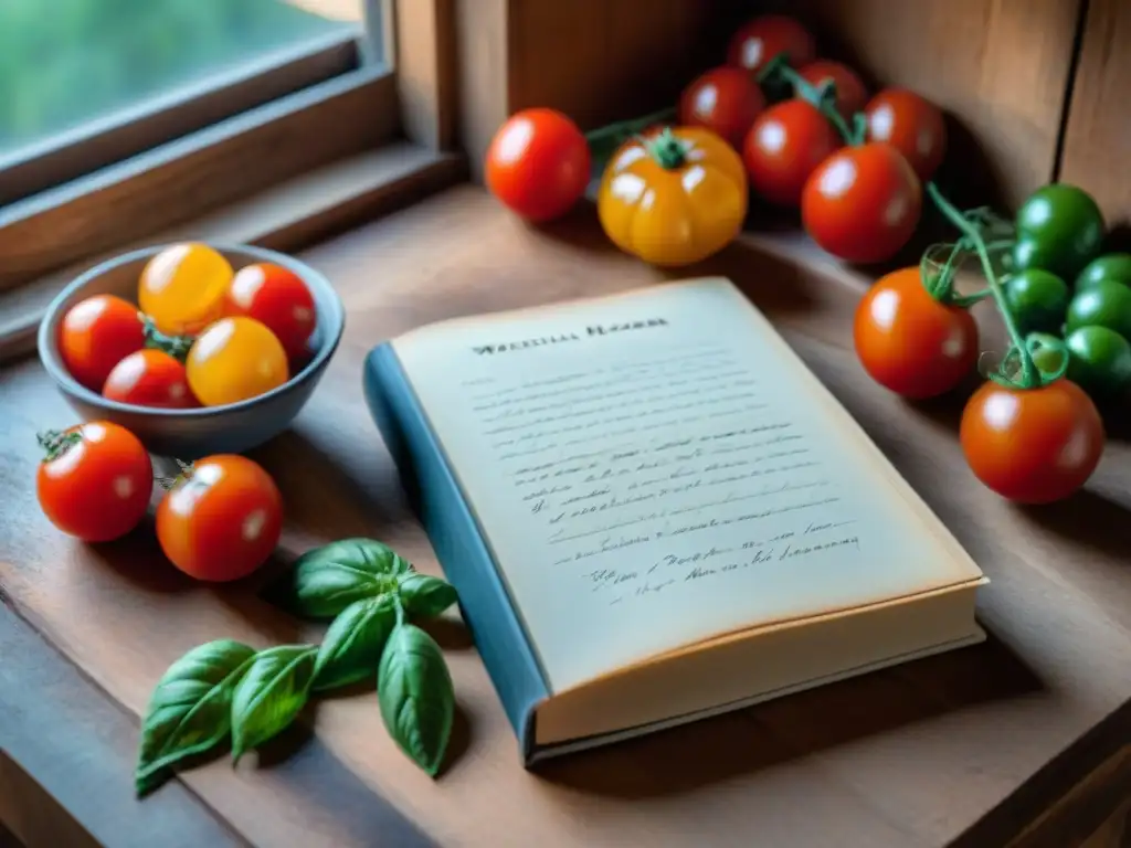 El legado de Marcella Hazan en la cocina italiana: libro antiguo, tomates maduros, cuchara de madera y notas manuscritas