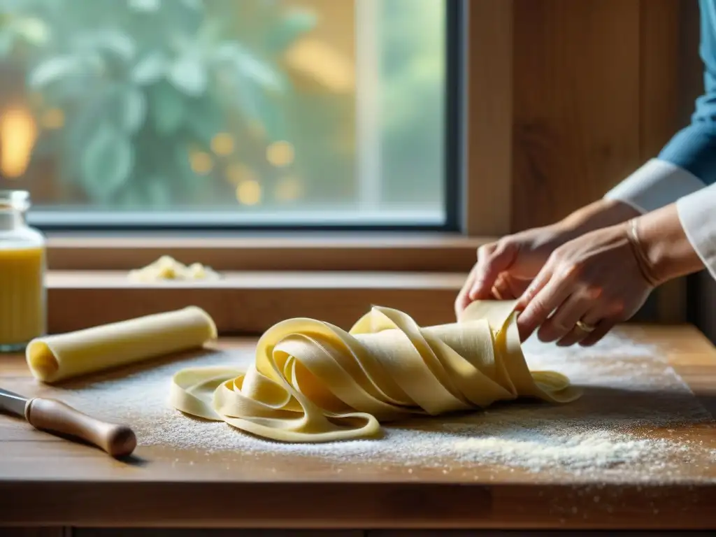 El legado de Marcella Hazan en cocina italiana: manos expertas amasan masa fresca en una encimera de madera, con luz natural cálida