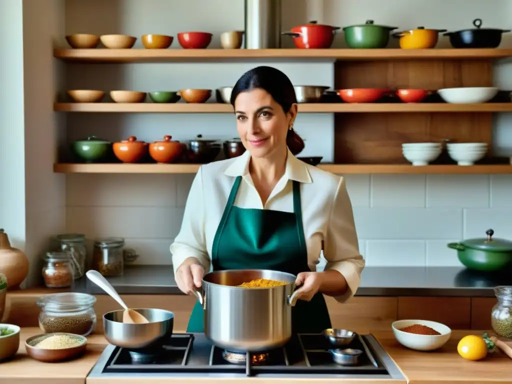 Legado de Marcella Hazan en su cocina italiana: la pasión y concentración reflejadas mientras revuelve una olla entre especias y utensilios coloridos