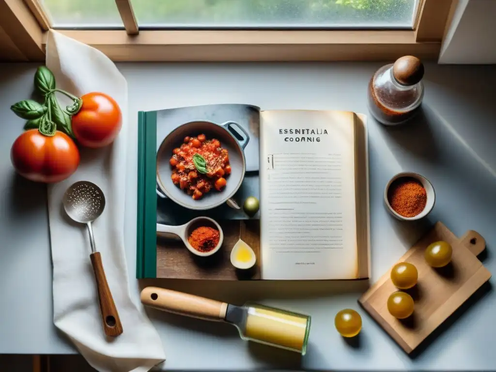 Legado de Marcella Hazan: libro de cocina italiana con notas manuscritas y salpicaduras de salsa de tomate, rodeado de utensilios vintage