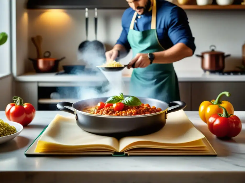 Libro de cocina italiana: innovación y tradición en una escena vibrante de preparación de lasaña