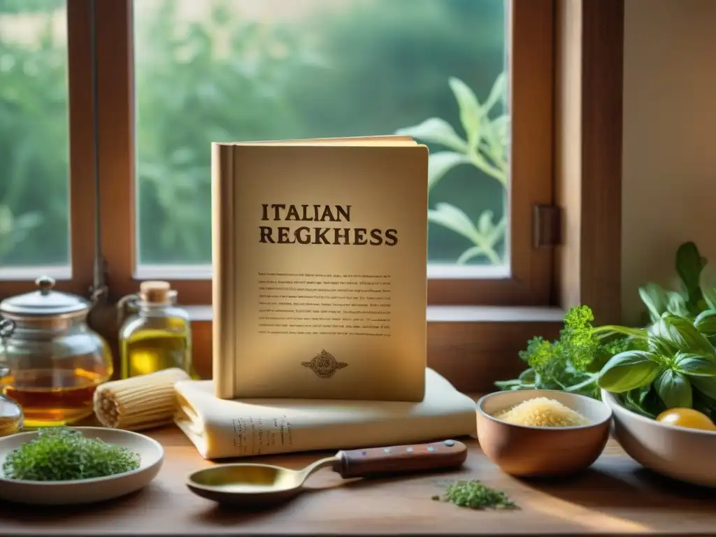 Un libro de cocina italiana tradicional desgastado rodeado de utensilios vintage en una cocina rústica