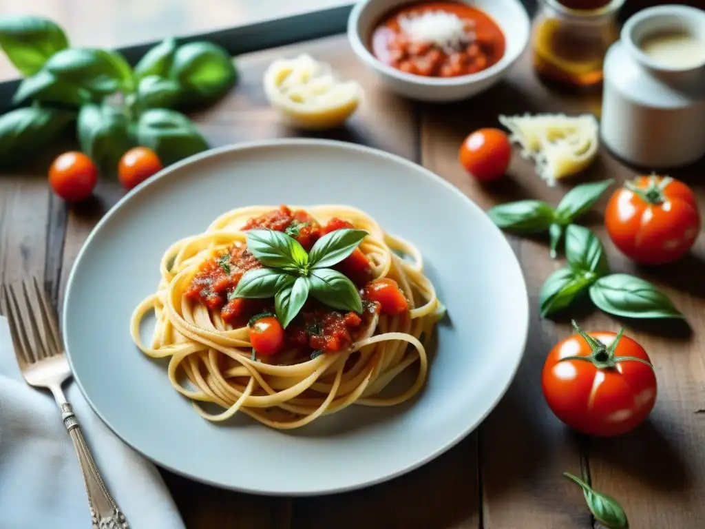 Un libro de cocina italiano abierto en una mesa rústica, con una deliciosa pasta y notas escritas a mano en italiano