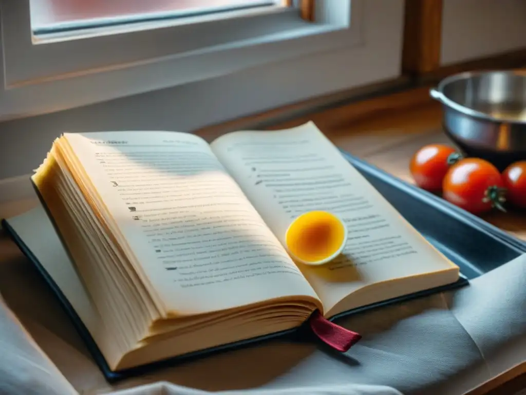 Un libro de cocina italiano desgastado con anotaciones y salpicaduras de salsa, iluminado por la luz de la mañana