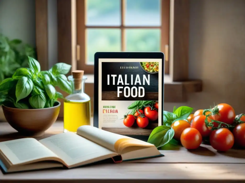 Libro 'Italian Food' de Elizabeth David entre ingredientes frescos en mesa rústica