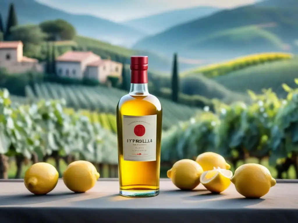 Licores italianos tradicionales contemporáneos: Botella de limoncello rojo rodeada de limones y limoneros bajo el sol italiano