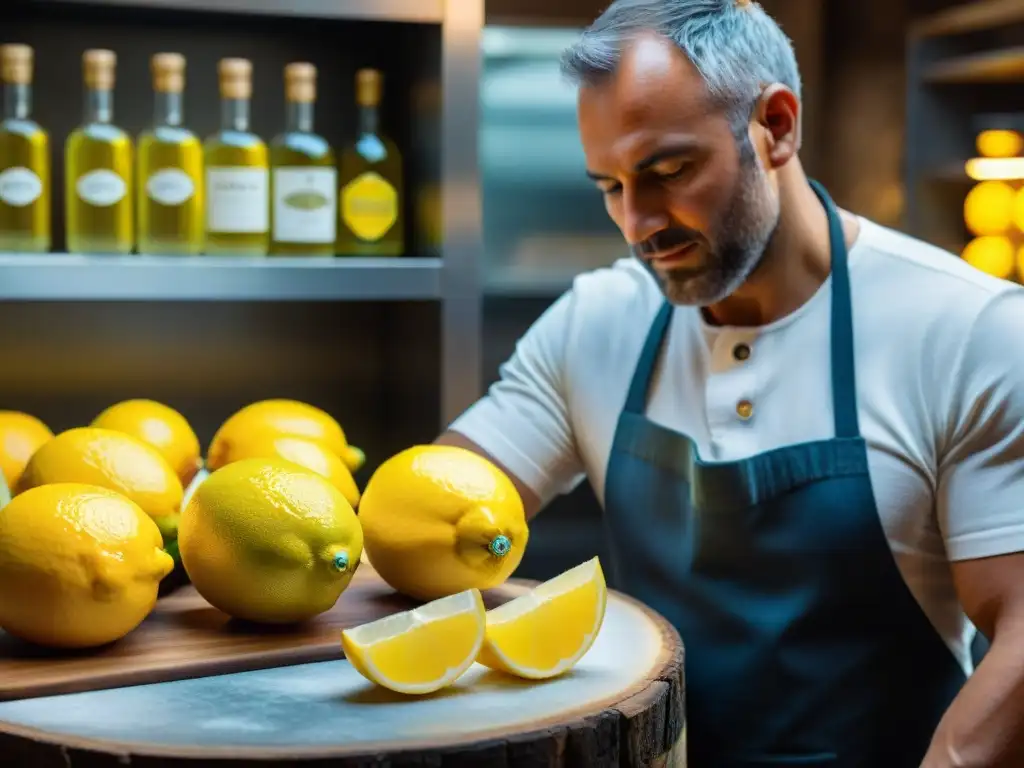 Un limón amarillo vibrante de Sorrento siendo cortado en una destilería de limoncello, con botellas brillantes al fondo